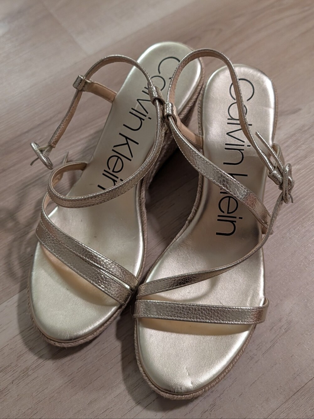 Calvin Klein Rose Gold Strappy Wedge Sandals